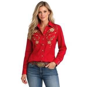 Panhandle Slim Ladies Western Shirt Red Embroidered Pearl Snap XL Floral Country